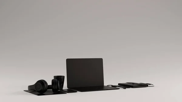 Configuración Oficina Escritorio Caliente Contemporáneo Negro Con Auriculares Para Teléfono — Foto de Stock