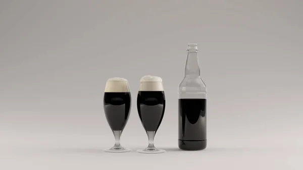 Black Beer Ale Two Glasses Foam Heads Beer Bottle Illustration — стоковое фото