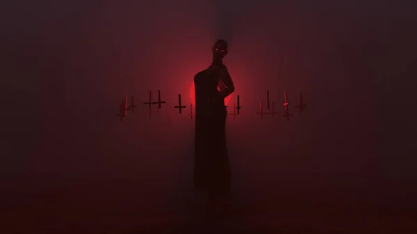 Черный Соблазнительный Вампир Дьявол Длинном Футуристическом Платье Высокой Моды Руками — стоковое фото