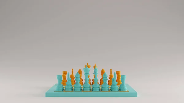 Gulf Blue Turquoise and Orange Chessboard and Pieces 3d