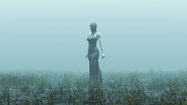 Black Futuristic Demon Woman In a Futuristic Haute Couture Dress and face Mask Demon Foggy Watery Void with Reeds and Grass background 3 Quarter View 3d Illustration 3d render