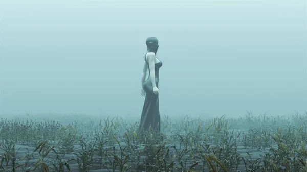 Black Futuristic Demon Woman In a Futuristic Haute Couture Dress and face Mask Demon Foggy Watery Void with Reeds and Grass background Right View 3d Illustration 3d render