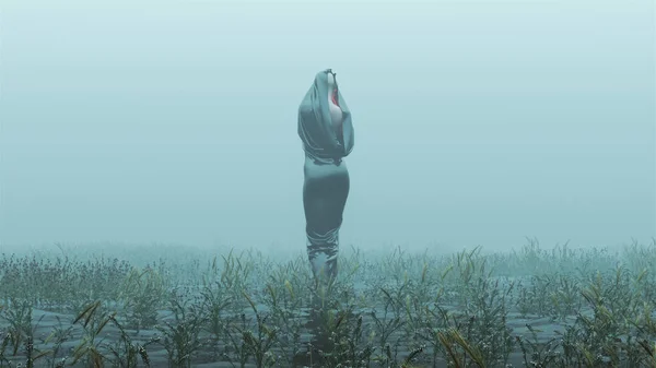 Black Cloaked Draped Futuristic Abstract Assassin Demon Walking Away in a Foggy Watery Void with Reeds and Grass background Back View 3d Illustration 3d render