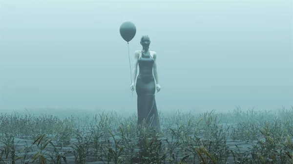Black Futuristic Demon Woman With a Black Balloon In a Futuristic Haute Couture Dress and face Mask Demon Foggy Watery Void with Reeds and Grass background Front View 3d Illustration 3d render