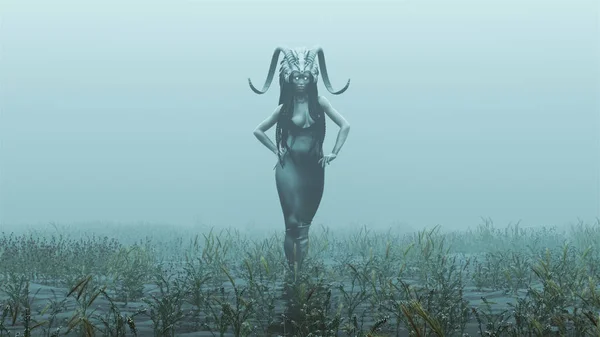 Evil Witch Spirit in a Tight Black Low Cut Dress with Head Dress Walking with Hands on Hips Abstract Demon Foggy Watery Void with Reeds and Grass background Front View 3d Illustration 3d