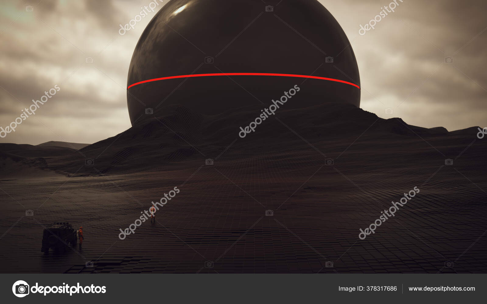 Giant Alien Sphere Black Geometric Abstract Cube Windswept Landscape Depth Stock Photo By C 80schild