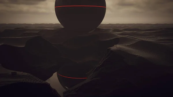 Giant Alien Sphere Black Geometric Abstract Cube Windscared Canyon Τοπίο — Φωτογραφία Αρχείου