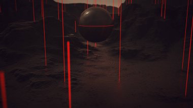 Alien Sphere Black Geometric Abstract Cube Landscape Rocky Hills with Red Laser Like Beams and Depth Of Field 3d illustration 3d render  clipart