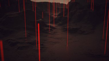 Alien Landscape Black Geometric Abstract Cube Rocky Hills with Red Laser Like Beams and Depth Of Field 3d illustration 3d render  clipart