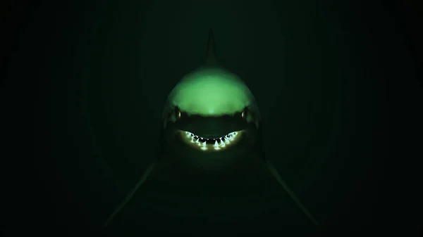 大白鲨水底及发亮的白色科幻眼睛及牙齿3D插图3D渲染 — 图库照片