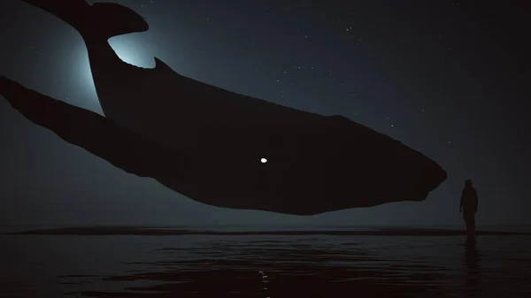 Таинственный Черный Горбатый Кит Белыми Глазами Плавающими Над Черным Песком — стоковое фото