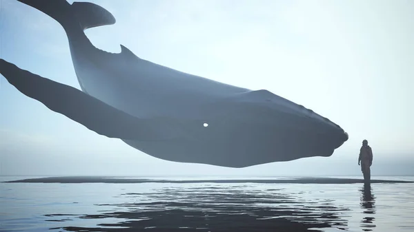 黒い砂の上に浮かぶ白い目の神秘的な黒いザトウクジラハズマットスーツの男と日の出の夕日水に囲まれた3Dイラスト3Dレンダリング — ストック写真
