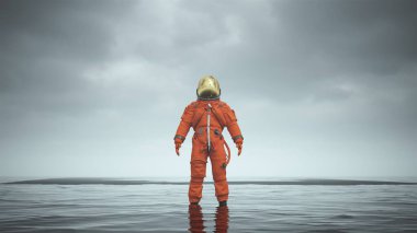 Mysterious Astronaut with Gold Visor Standing in Water with Black Sand 3d illustration 3d render   clipart