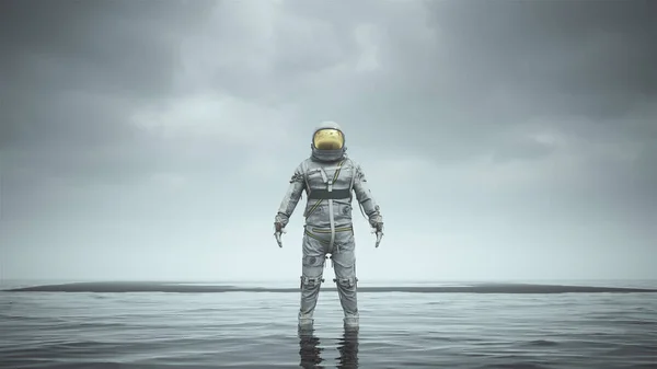 Mysterious Astronaut with Gold Visor Standing in Water with Black Sand 3d illustration 3d render