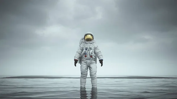 Astronauta Misterioso Con Oro Visor Pie Agua Con Arena Negra —  Fotos de Stock