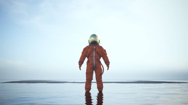 Astronaut with Gold Visor Standing in Water with Black Sand Sunrise Sunset 3d illustration 3d render   clipart
