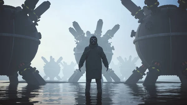 ガスマスクと呼吸器付きの男のハズマットスーツ水の中に立つ大規模なSfオブジェクトと黒砂3Dイラスト3Dレンダリングに囲まれて — ストック写真