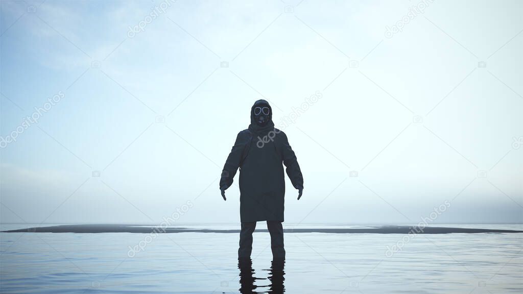 Man Hazmat Suit with Gas Mask and Breathing Apparatus Standing in Water Surrounded by Black Sand 3d illustration 3d render  