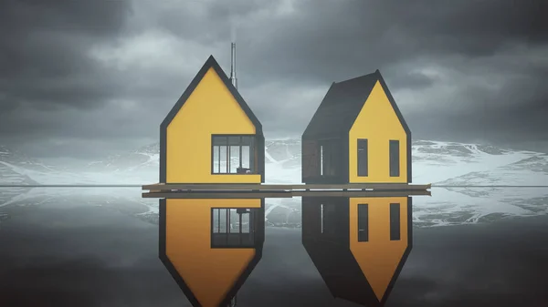 Modern Yellow Lakeside Cabine Madeira Estilo Norueguês Fisherman House Flutuante — Fotografia de Stock