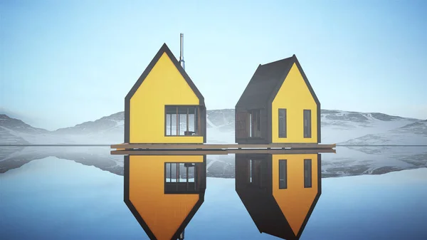Moderno Amarelo Lakeside Madeira Cabine Sunrise Norueguês Estilo Pescador Casa — Fotografia de Stock