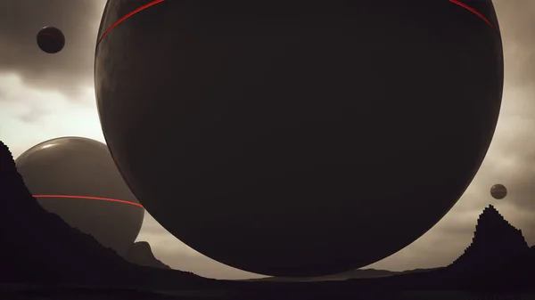 Інопланетні Плавучі Сфери Чорний Над Геометричним Абстрактним Кубом Пейзаж Низькими — стокове фото