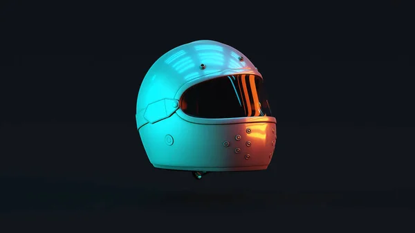 Silver Motorcycle Helmet with with Red Orange and Blue Green Moody 80s lighting Front 3d illustration 3d render