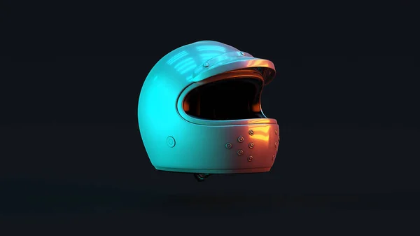 Silver Motorcycle Helmet with with Red Orange and Blue Green Moody 80s lighting Front 3d illustration 3d render