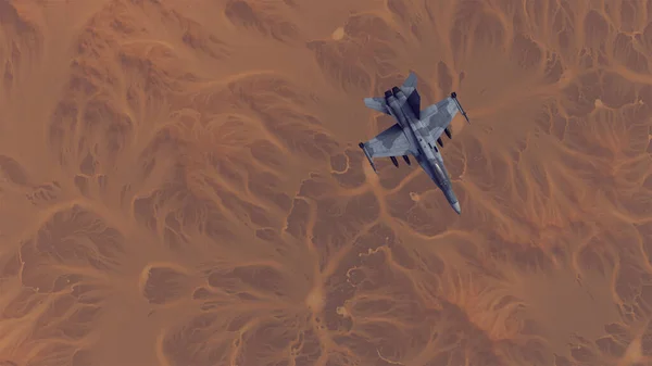 超音速ジェット機堆積物泥フラット3Dイラスト3Dレンダリングと乾燥山砂漠の上の高高度 — ストック写真