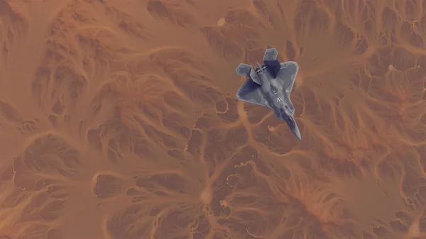 Stealth Fighter Jet航空機堆積物泥フラット3Dイラスト3Dレンダリングと高山砂漠の上の高高度 — ストック写真