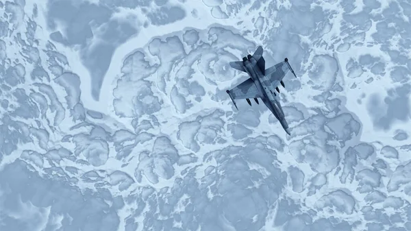 超超音速喷气式飞机在冰冻冰河上方的高空白雪冻土层3D图解3D渲染 — 图库照片