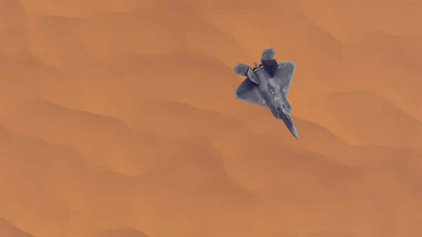 ステルス戦闘機ジェット機砂砂丘の上高高度バーレン砂漠3Dイラスト3Dレンダリング — ストック写真
