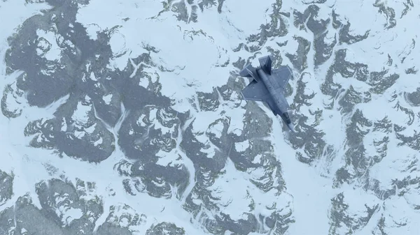 ストライクファイタージェット機凍結雪の山の上高高度3Dイラスト3Dレンダリング — ストック写真