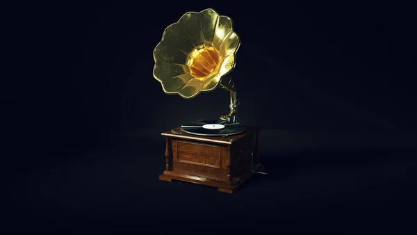 빈티지 Gramophone Wooden Brass Record Player Illustration Render — 스톡 사진