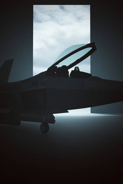 Stealth Fighter Jet Aircraft in a Dark Hanger 3d illustration 3d render