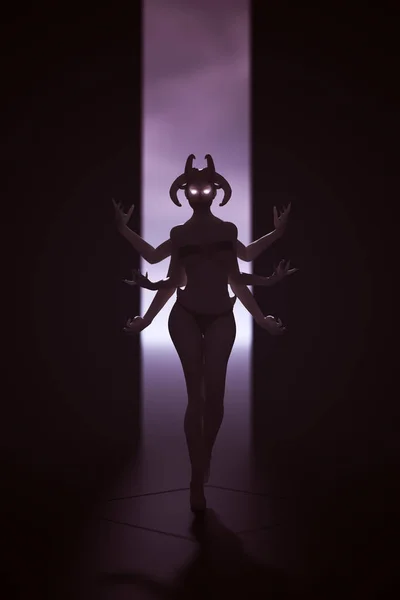 Devil Multi Arm Woman Μαύρο Μπικίνι Λαμπερά Μάτια Εικονογράφηση — Φωτογραφία Αρχείου
