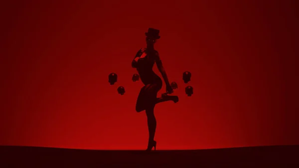 Red Woman at the Gates of Hell in a Corset and Top Hat with Black Skulls Standing 3d Illustration
