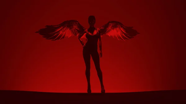 身披黑翼紧身衣的红衣女子站在地狱之门 — 图库照片