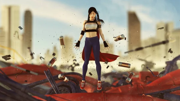 Cyberpunk Superhero Floating Telekinetic Powers Rising Red Dusty Wreckage Cyberpunk — 스톡 사진