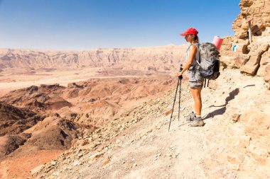 Kadın backpacker turist ayakta dağ ridge cliff edge, doğal peyzaj bakışta, Necef çöl seyahat, İsrail arıyor.