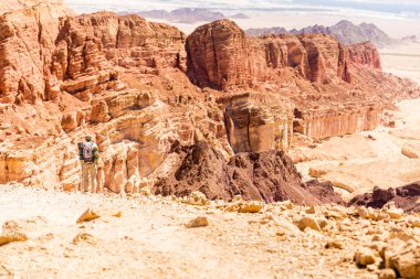 Adam backpacker turist ayakta dağ ridge cliff edge, doğal manzara arka geri görünüm, Necef çöl seyahat, İsrail arıyor.