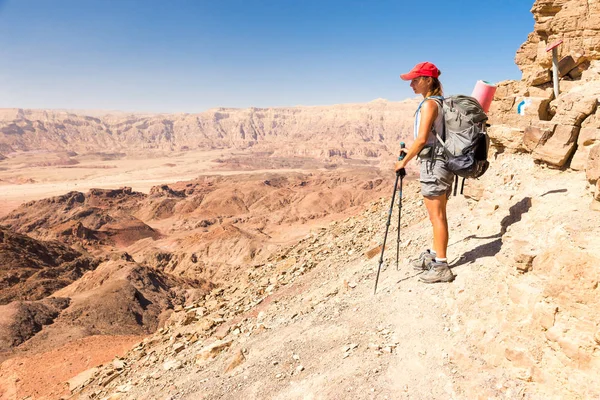 Kvinna Backpacker Turist Stående Mountain Ridge Cliff Edge Tittar Natursköna — Stockfoto