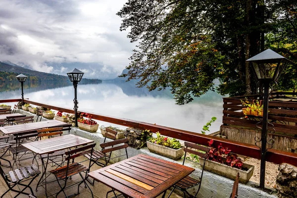 Restaurant Cafe Wet Empty Tables Chairs Beautiful Bohinj Lake Autumn — Stock Photo, Image