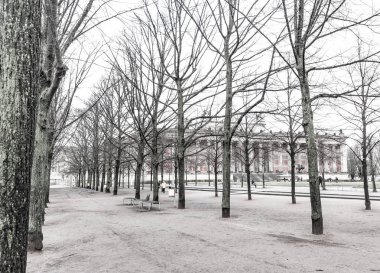 Altes Museum dış sokak ağaçları sokak siyah beyaz görünümü oluşturma. Berlin turizm, Avrupa'yı gezersin.