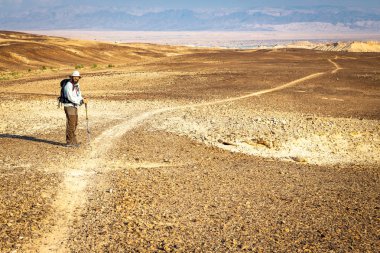 Backpacker turist çöl iz manzara yürüyüş.