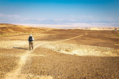 Backpacker turist çöl iz manzara yürüyüş.