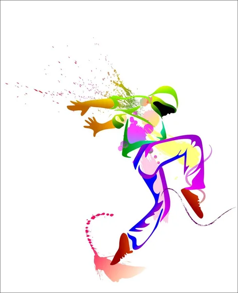 Hombre Bailando Hip Hop Saltando Ella Salpicaduras Pintura Color — Vector de stock