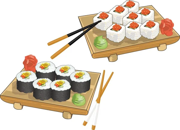 Realistische Bild Set Von Sushi Und Rolle Mit Essstäbchen — Stockvektor