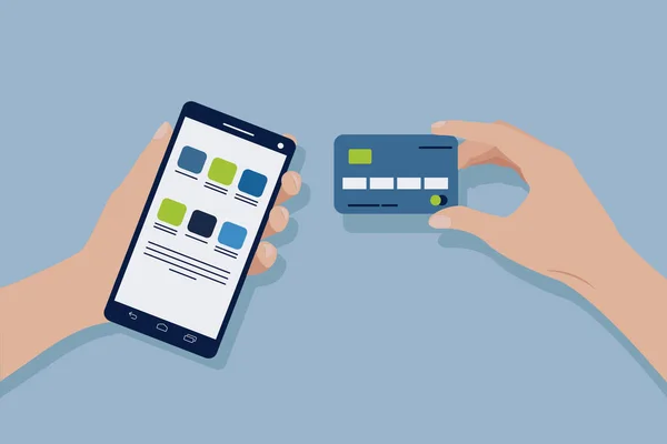 Mão Com Cartão Crédito Mão Com Telemóvel Pagamento Móvel Pagamento —  Vetores de Stock