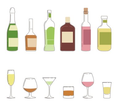 altı farklı alkollü içecek seti