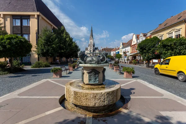 Fontaine Sur Place Principale Koszeg Hongrie Jour Été Avec Église — Photo